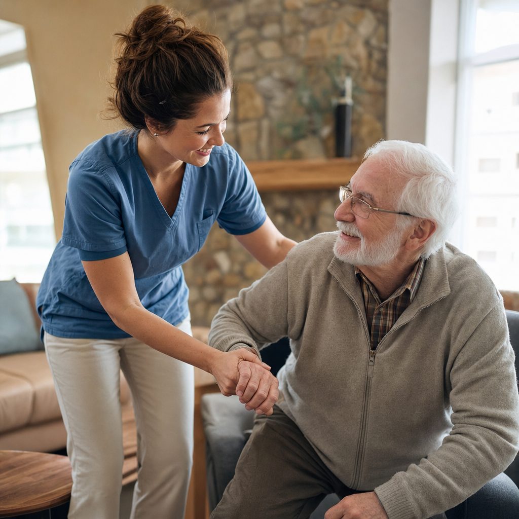 A kind care aide gently helping a smiling older man stand in a bright living room