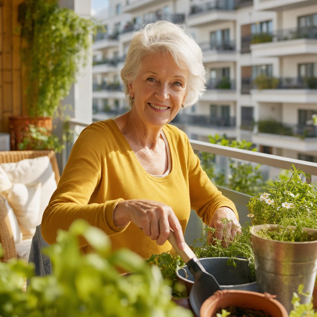 An active senior woman tending potted plants on a sunny apartment balcony