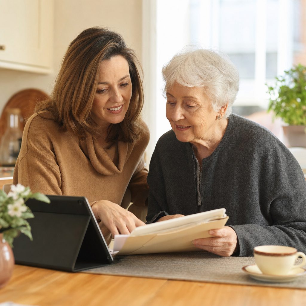 An adult daughter and her elderly parent reviewing papers and a tablet together at a kitchen table